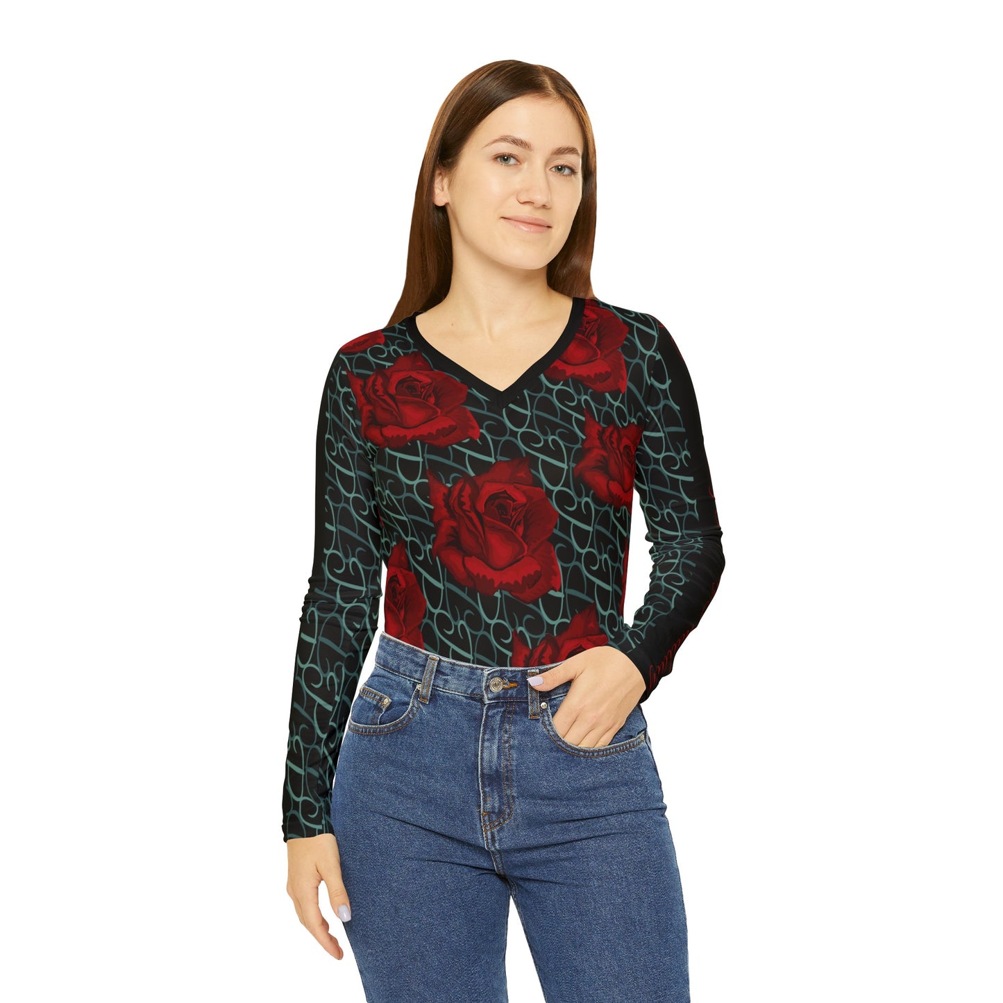 Phallacy Designer Floral Women's Long Sleeve V-neck
