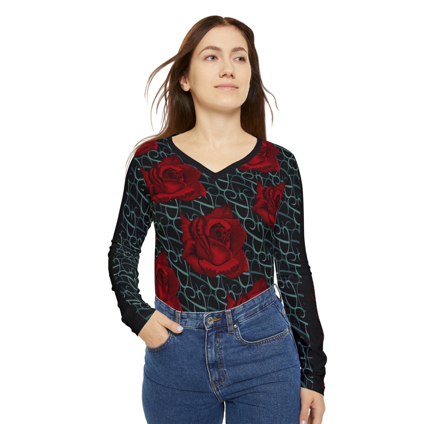 Phallacy Designer Floral Women's Long Sleeve V-neck