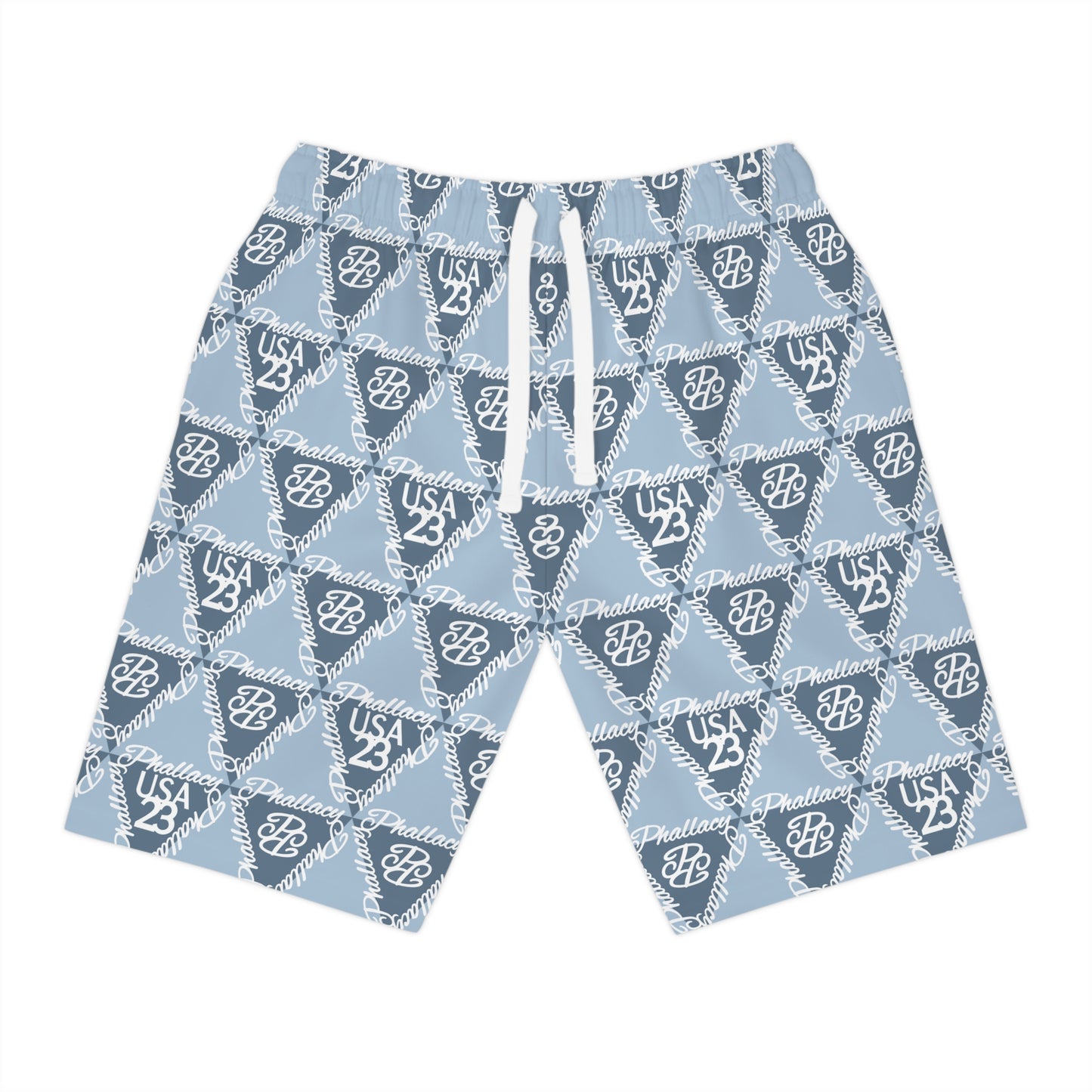 Stylish premium men's workout shorts with an all over print design featuring a blue and white pattern