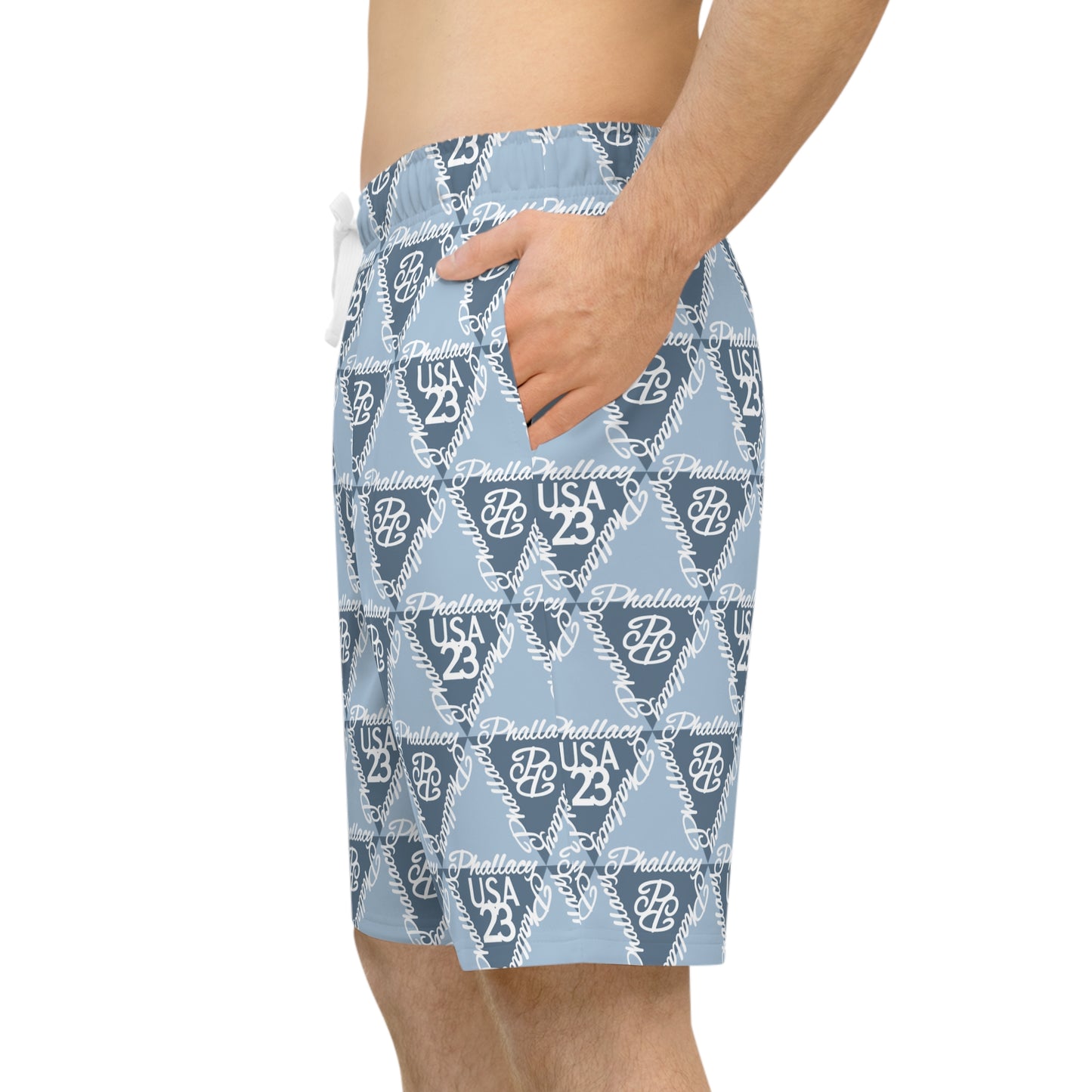 Stylish all over prints of premium men's workout shorts featuring a blue design and pockets