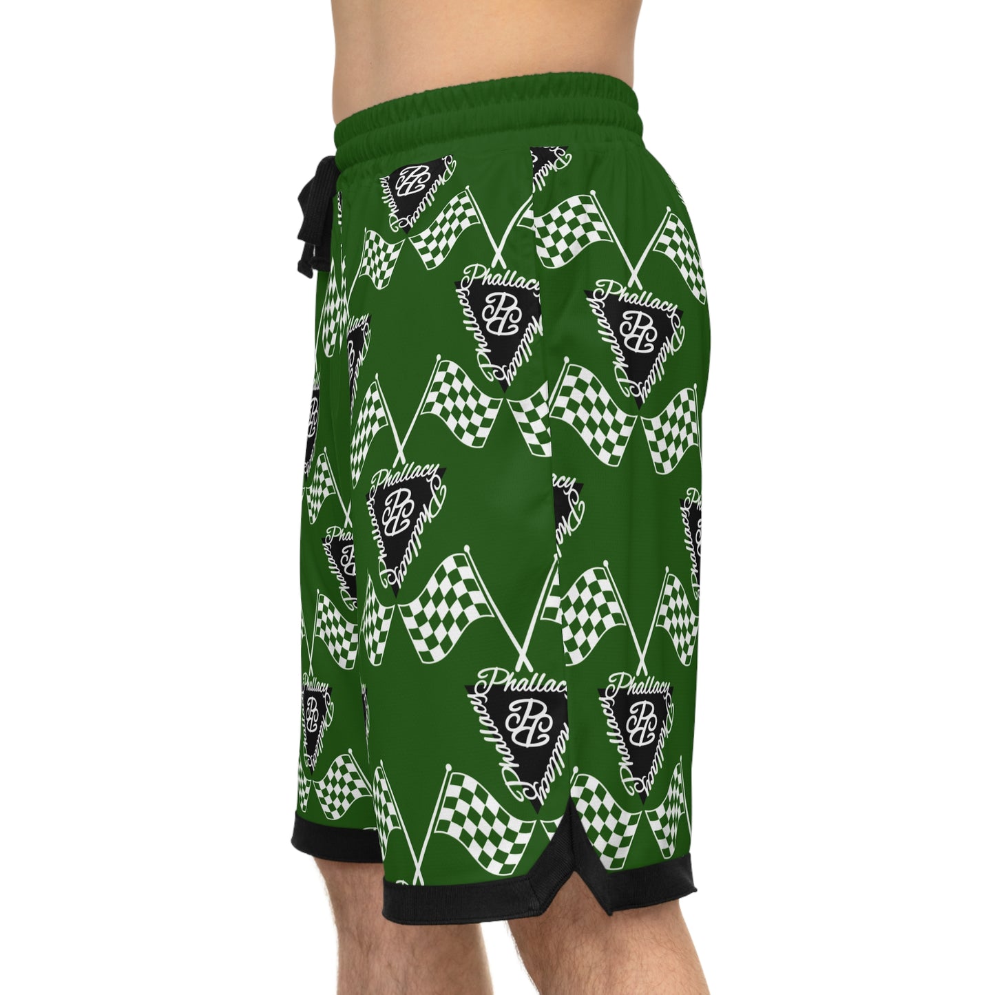Green designer men's basketball shorts featuring all over racing flag print for sporty style