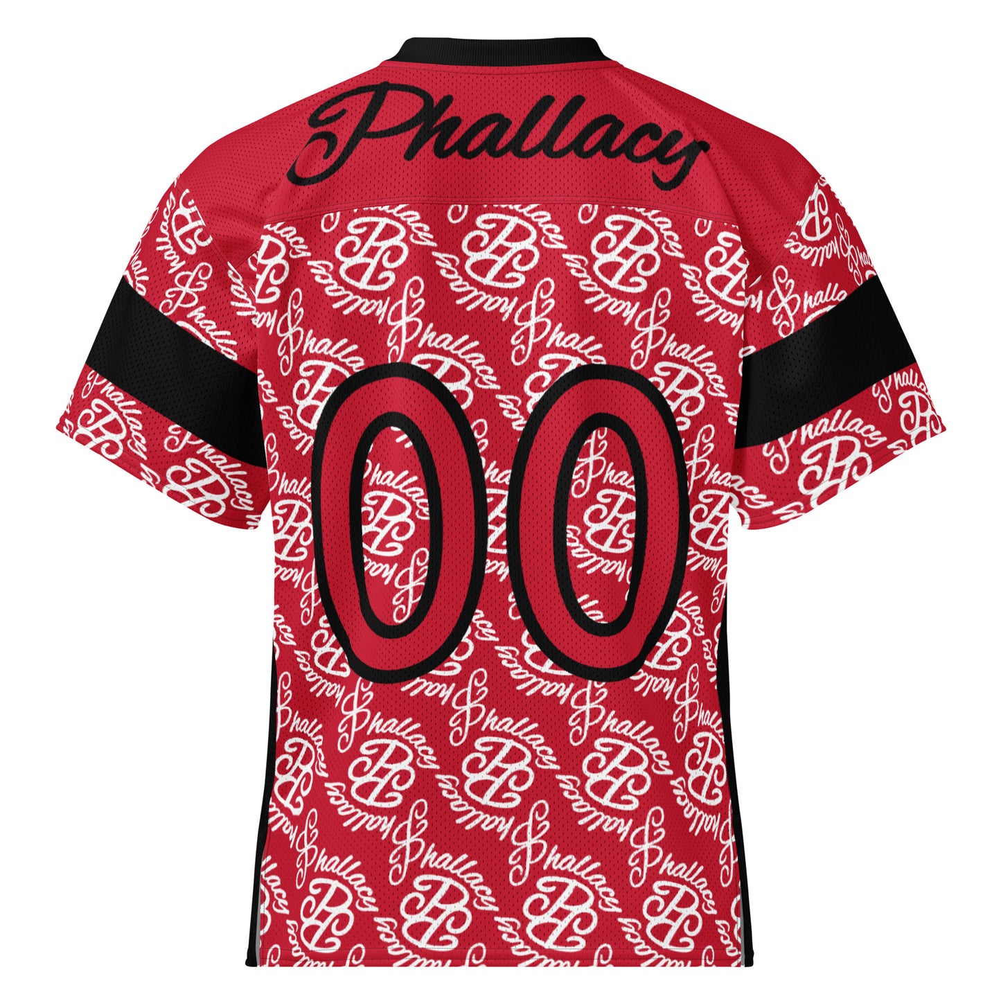 Designer men's football jersey with an all over print in red and black pattern featuring bold graphics