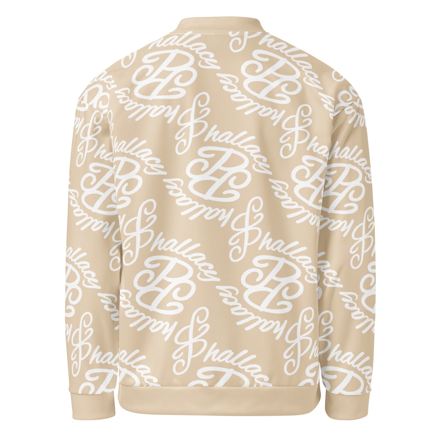 Designer monogram bomber jacket in beige featuring repeating stylish logo pattern