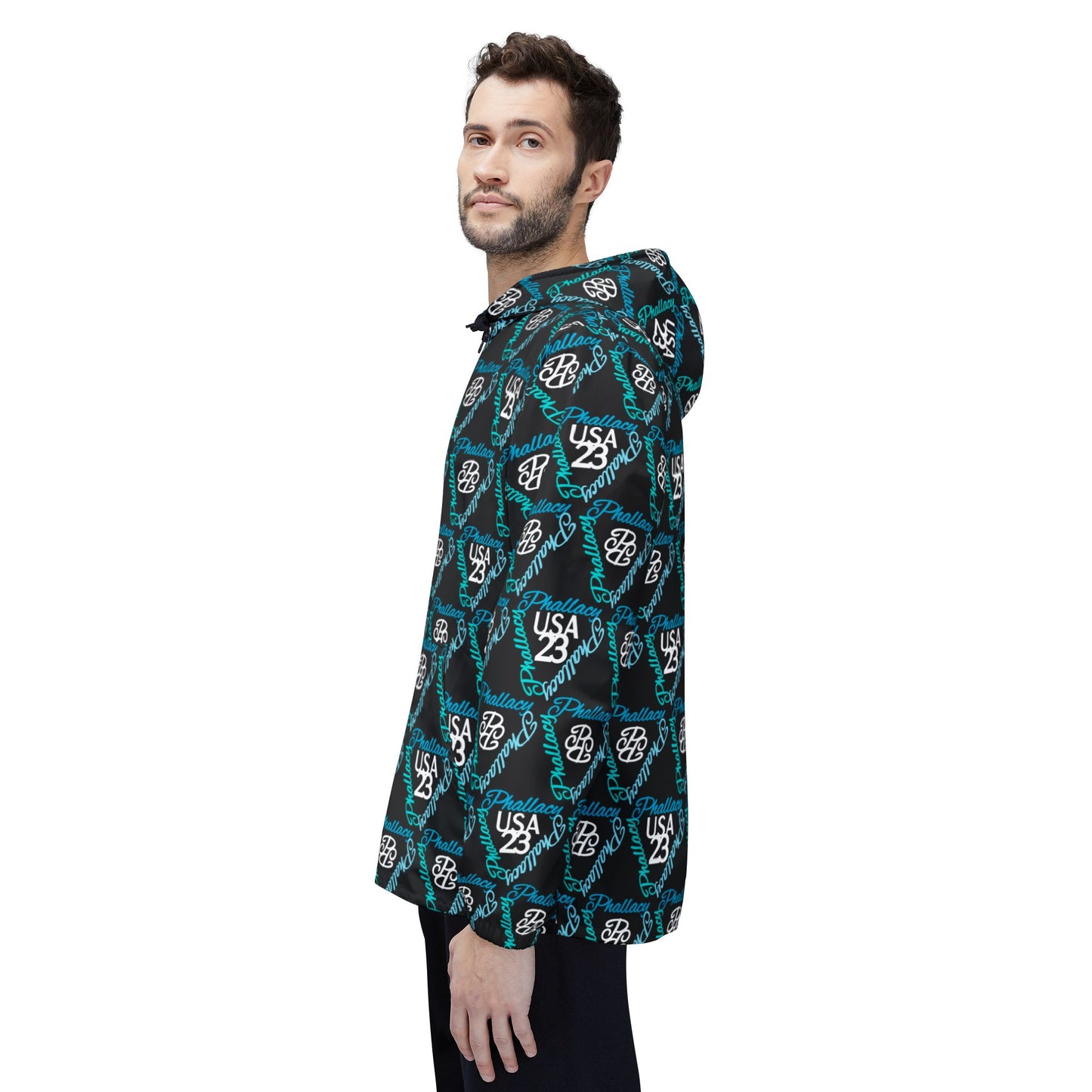 Designer unisex windbreaker jacket featuring a bold black and teal graphic pattern for casual outings