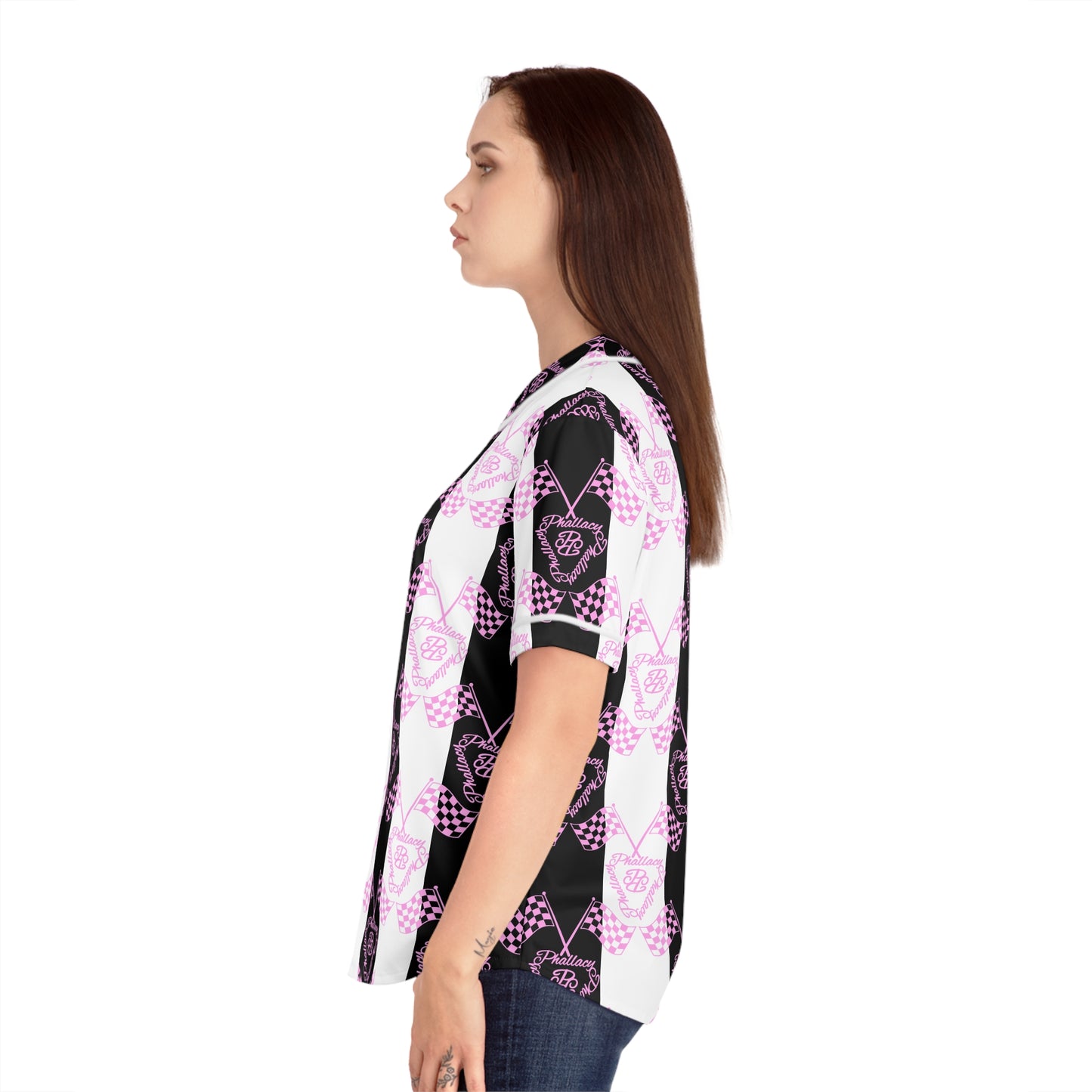 Side view of a stylish designer women's baseball jersey in vibrant all over print design