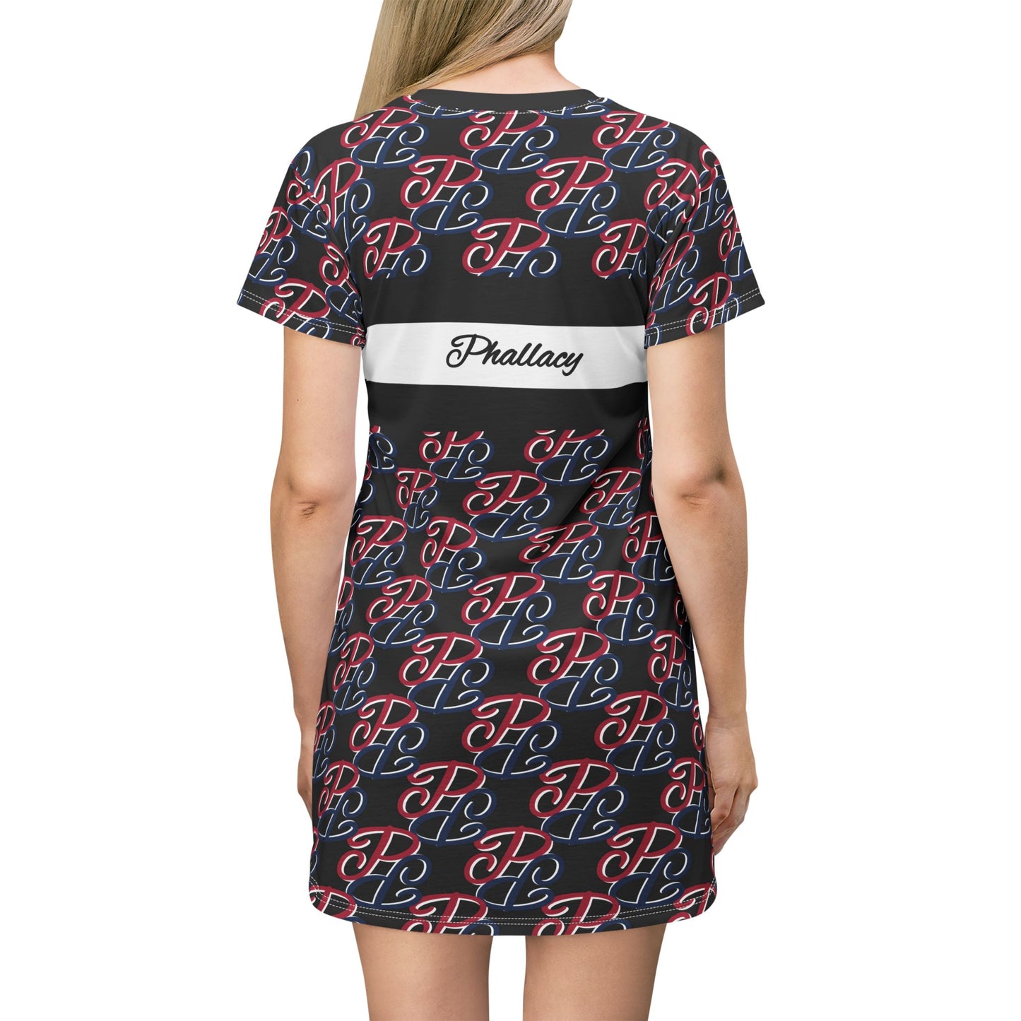 Back view of designer t-shirt dress for women with all over print pattern by Phallacy