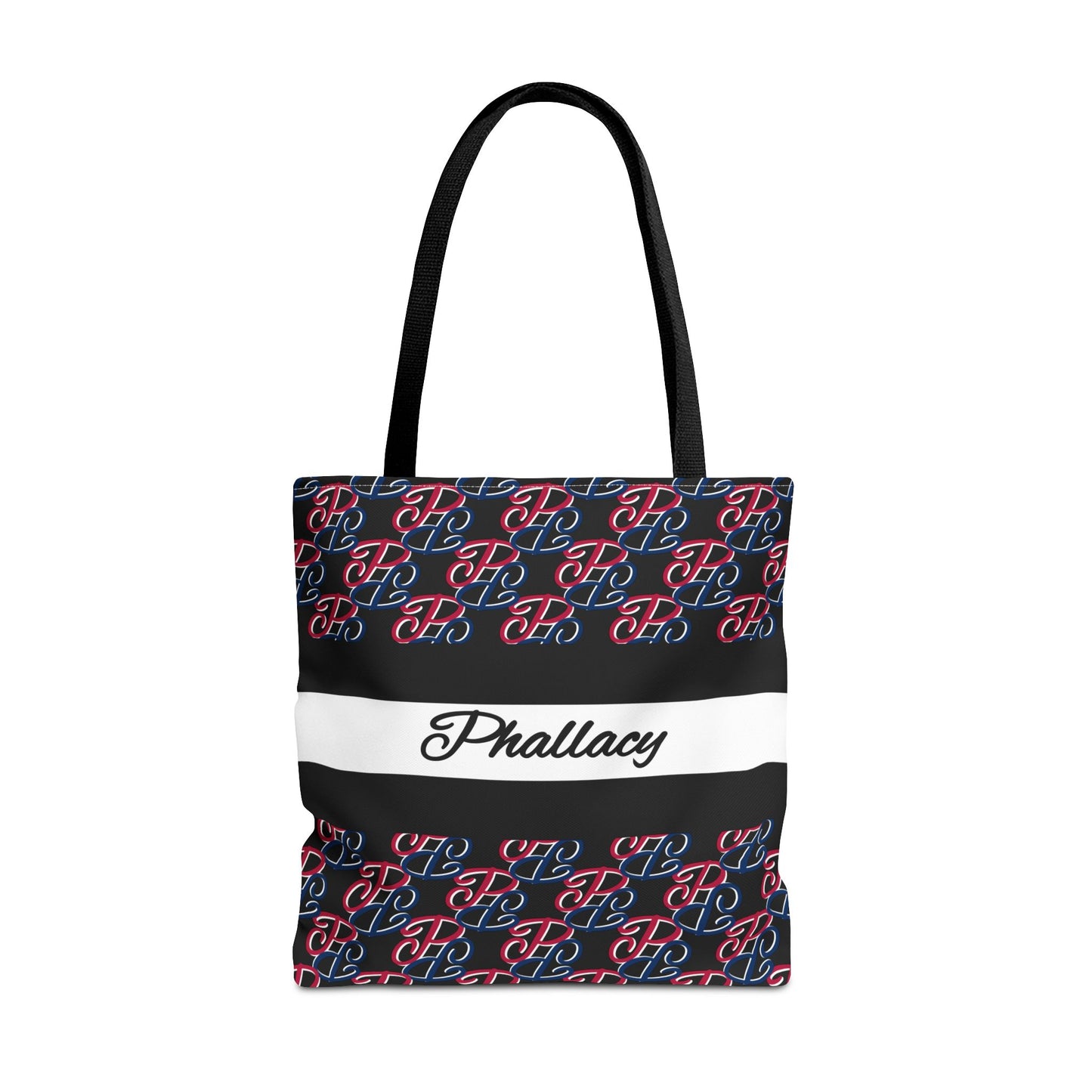 Phallacy designer tote bag with black, white, and red pattern and Phallacy logo across the center