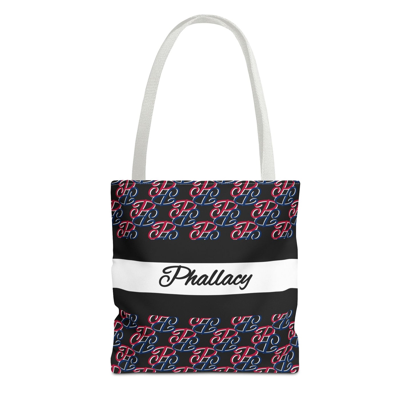 Phallacy designer tote bag with black red and blue monogram pattern and white handles
