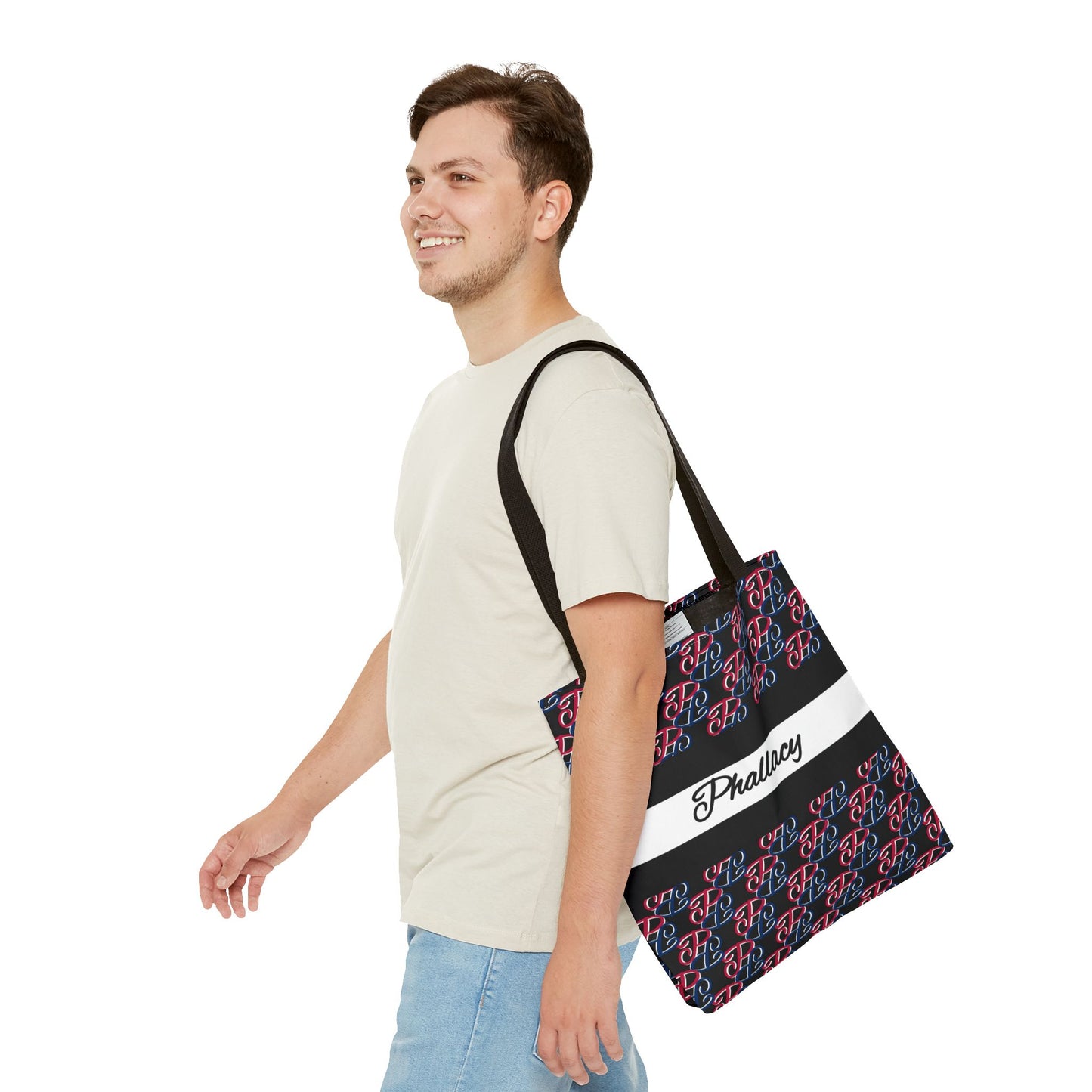 Man wearing a designer tote bag with a black and red pattern and white stripe by Phallacy