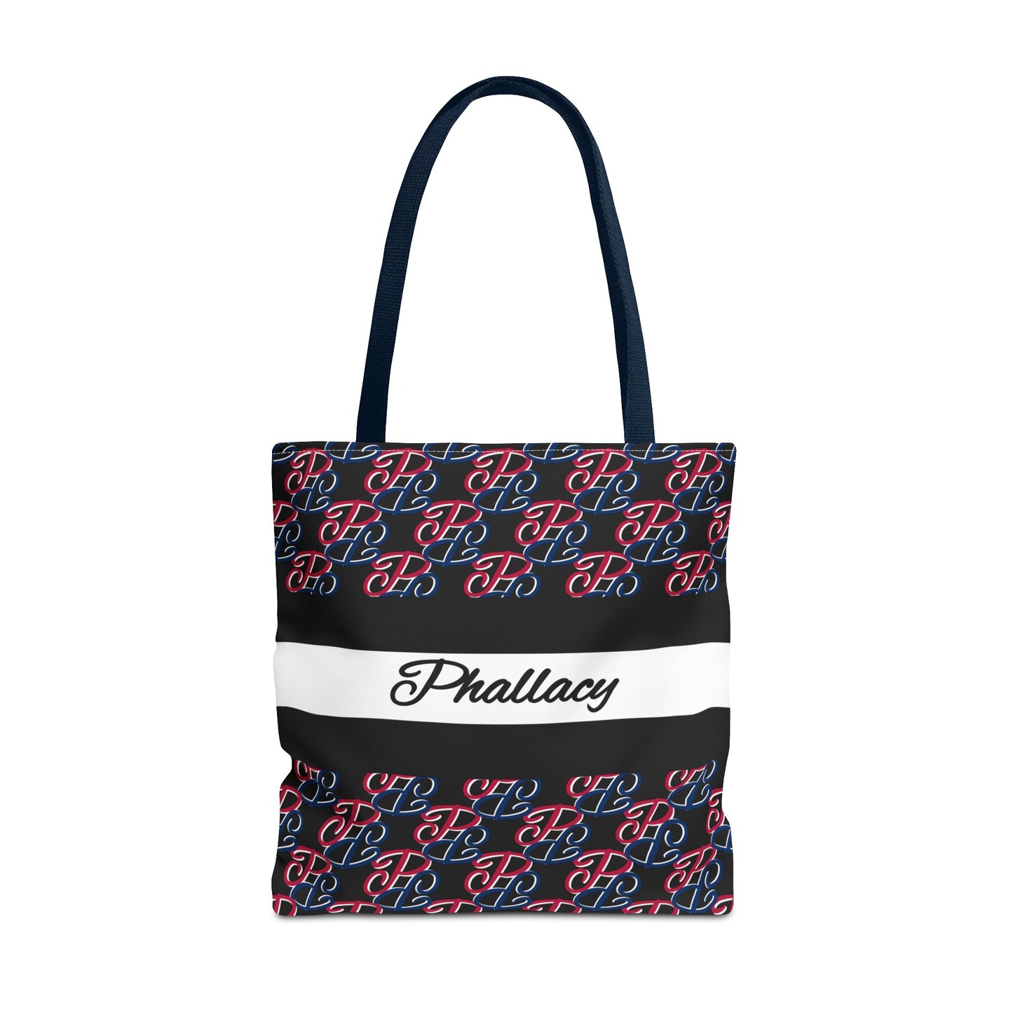 Phallacy designer tote bag with black, red, and blue monogram pattern and Phallacy logo on white stripe