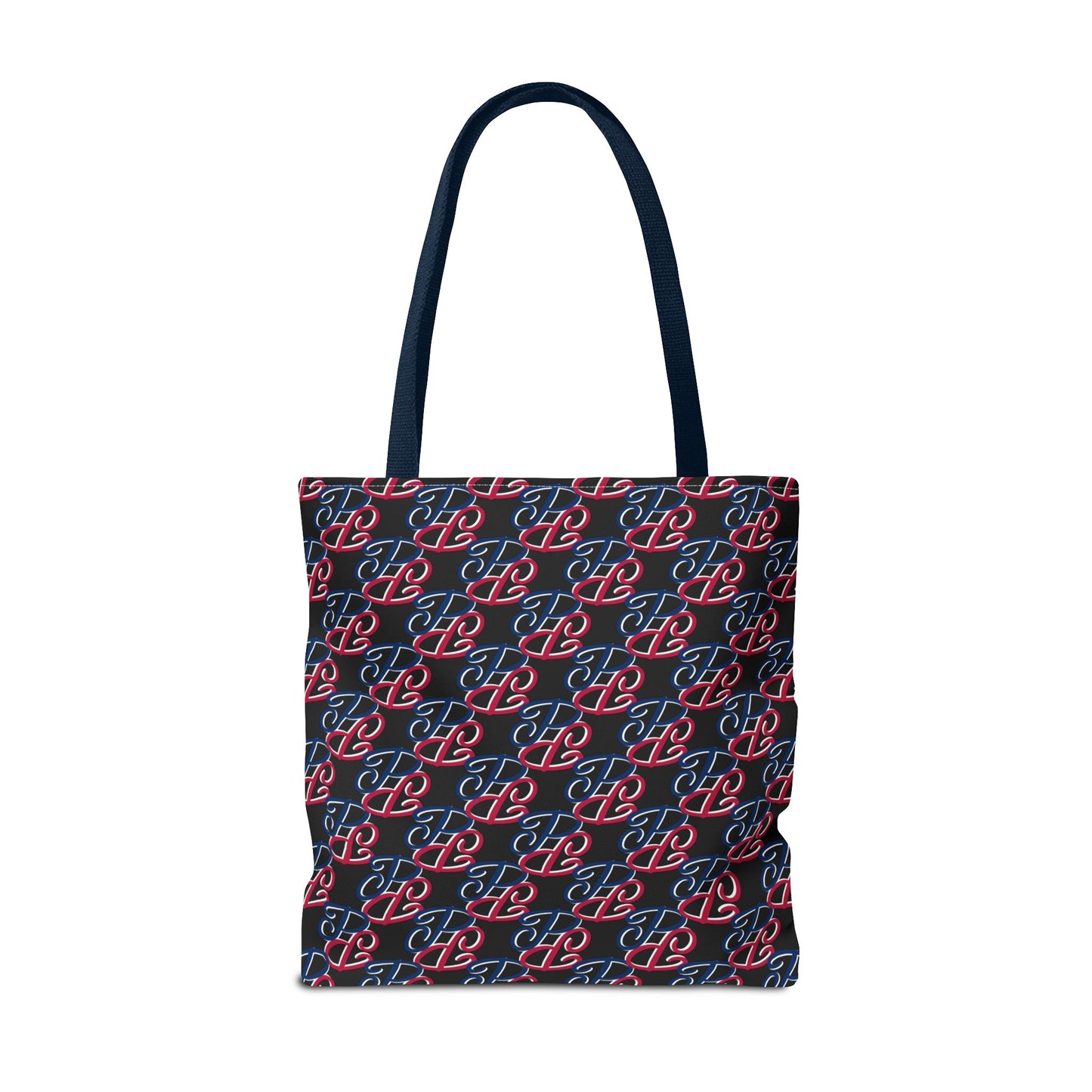 Phallacy designer tote bag with black background and red and blue repeating logo pattern