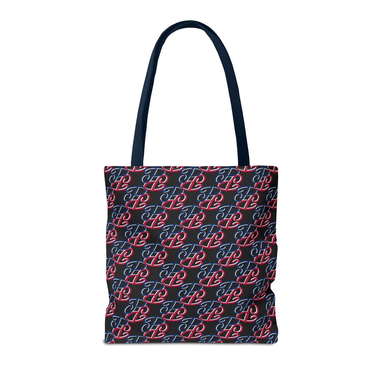 Phallacy designer tote bag with black background and red and white monogram pattern