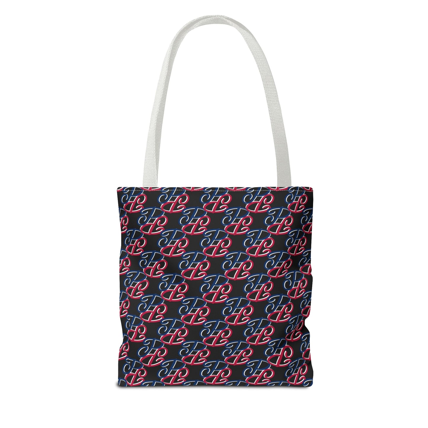 Phallacy designer tote bag with red and blue monogram pattern on black background and white handles