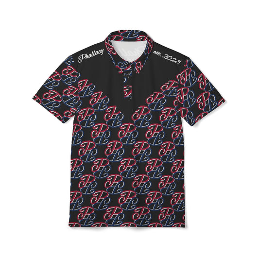Black designer unisex polo shirt with all over red and blue script print and button collar