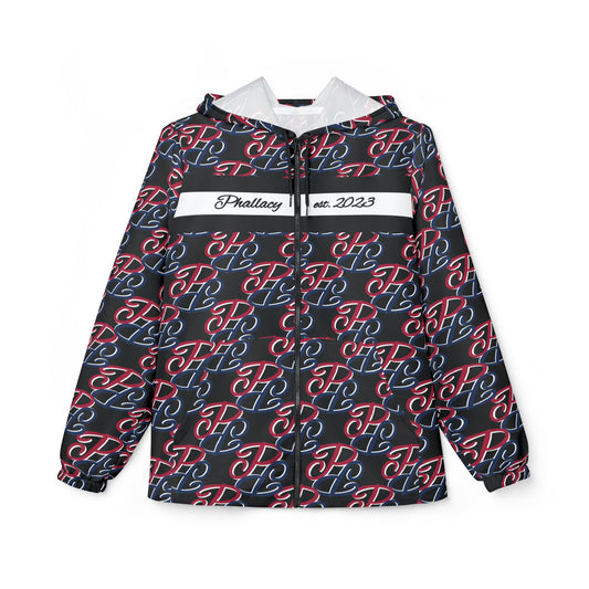 Phallacy designer unisex windbreaker jacket with black, red, and blue patterned design and front zipper