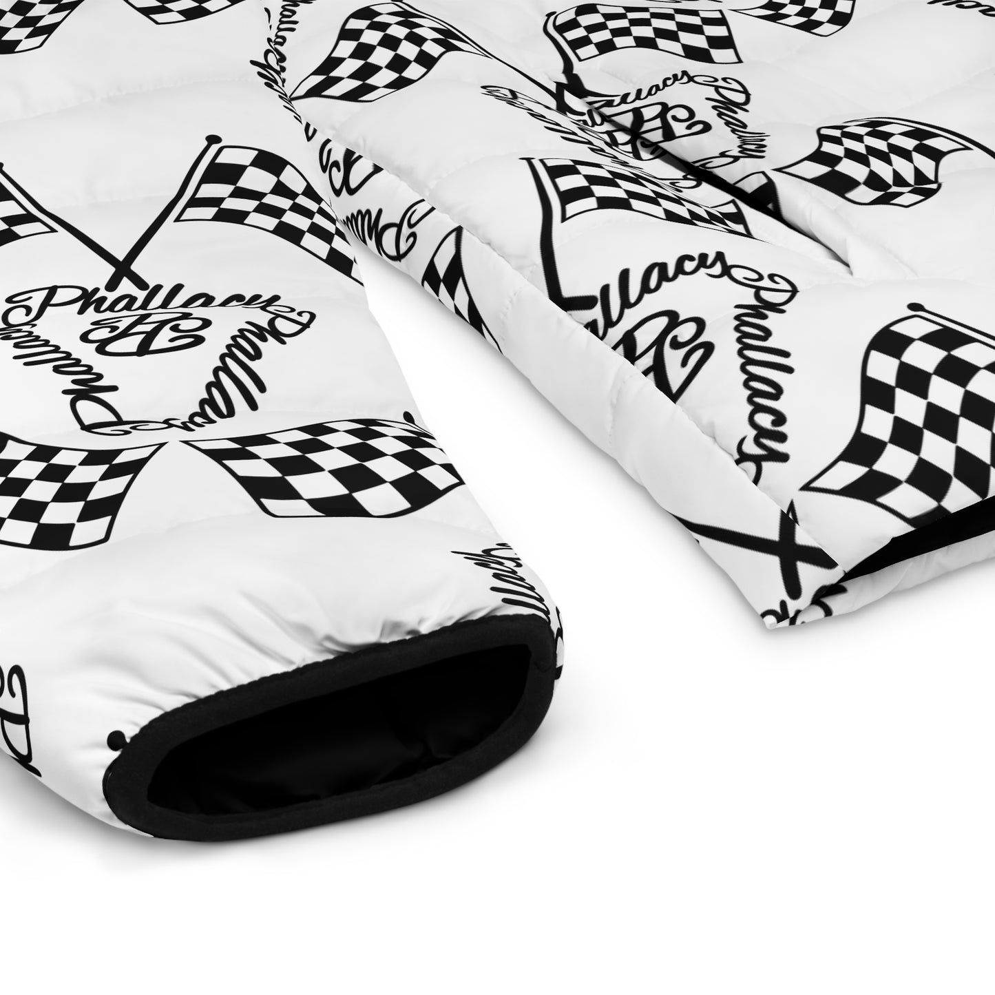 Close-up of a luxury unisex winter coat with bold all over prints and checkered flag design