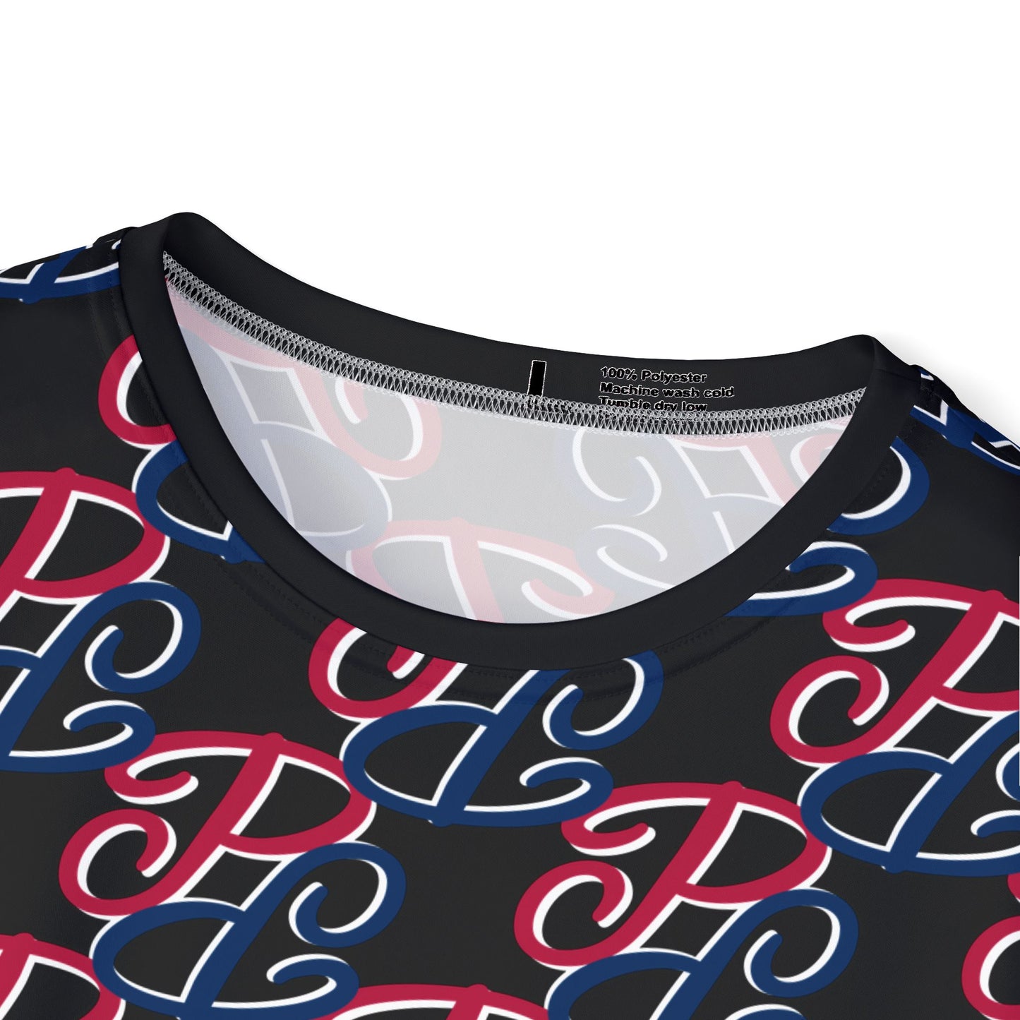 Close-up of a designer men's sports jersey with all over print by Phallacy featuring red blue and white lettering