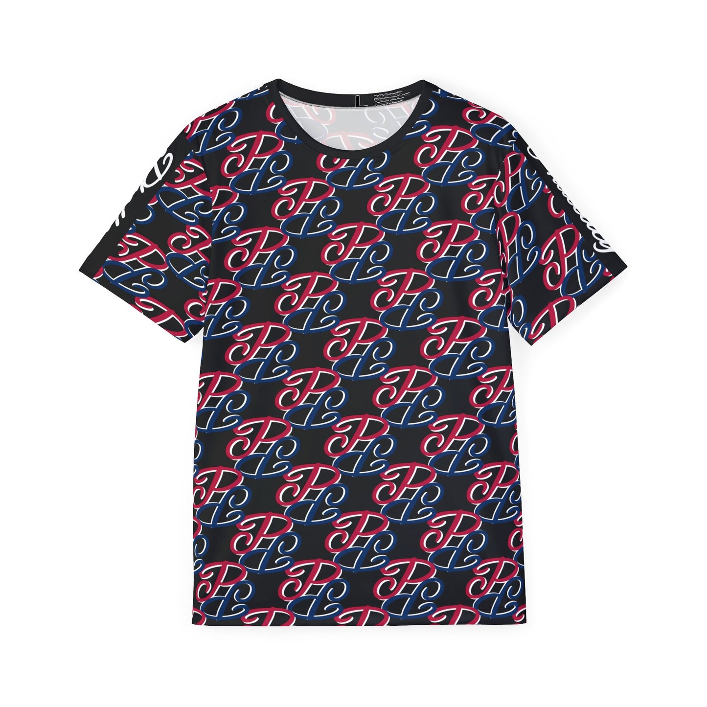 Phallacy designer men's sports jersey with all over colorful logo print on black background