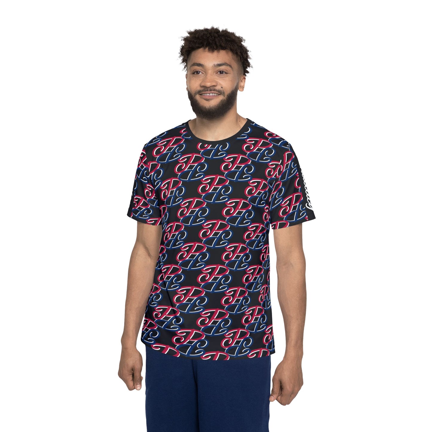 Man wearing Phallacy all over prints designer men's sports jersey with red and blue pattern