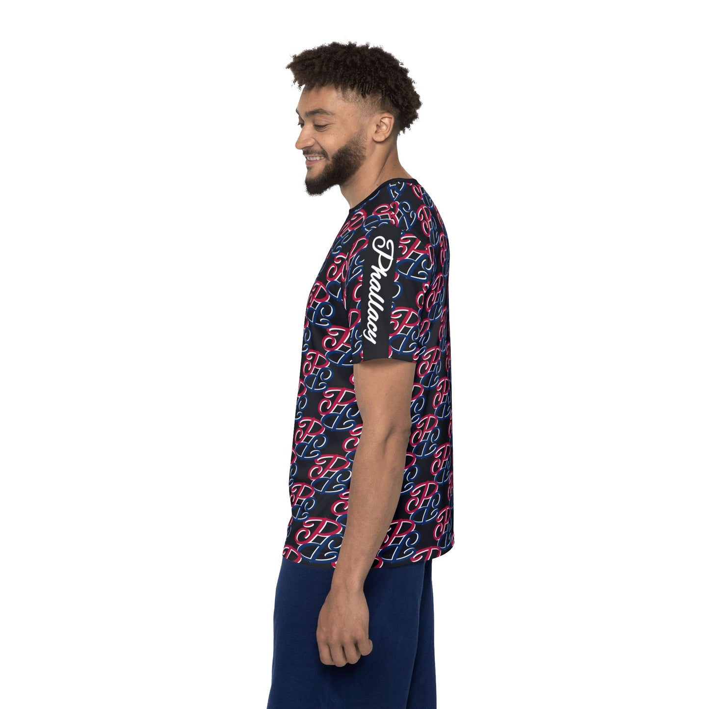 Side view of a man wearing a designer men's sports jersey with colorful all over prints by Phallacy