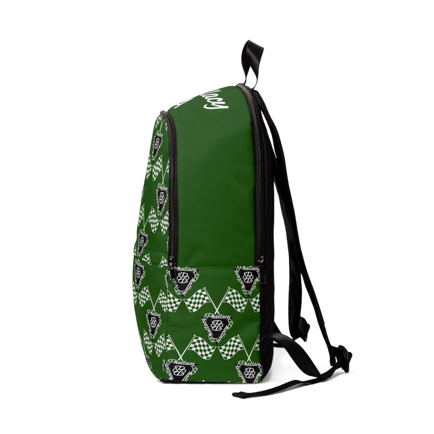 Green Printify premium statement backpacks with a stylish checkerboard pattern and logo detail