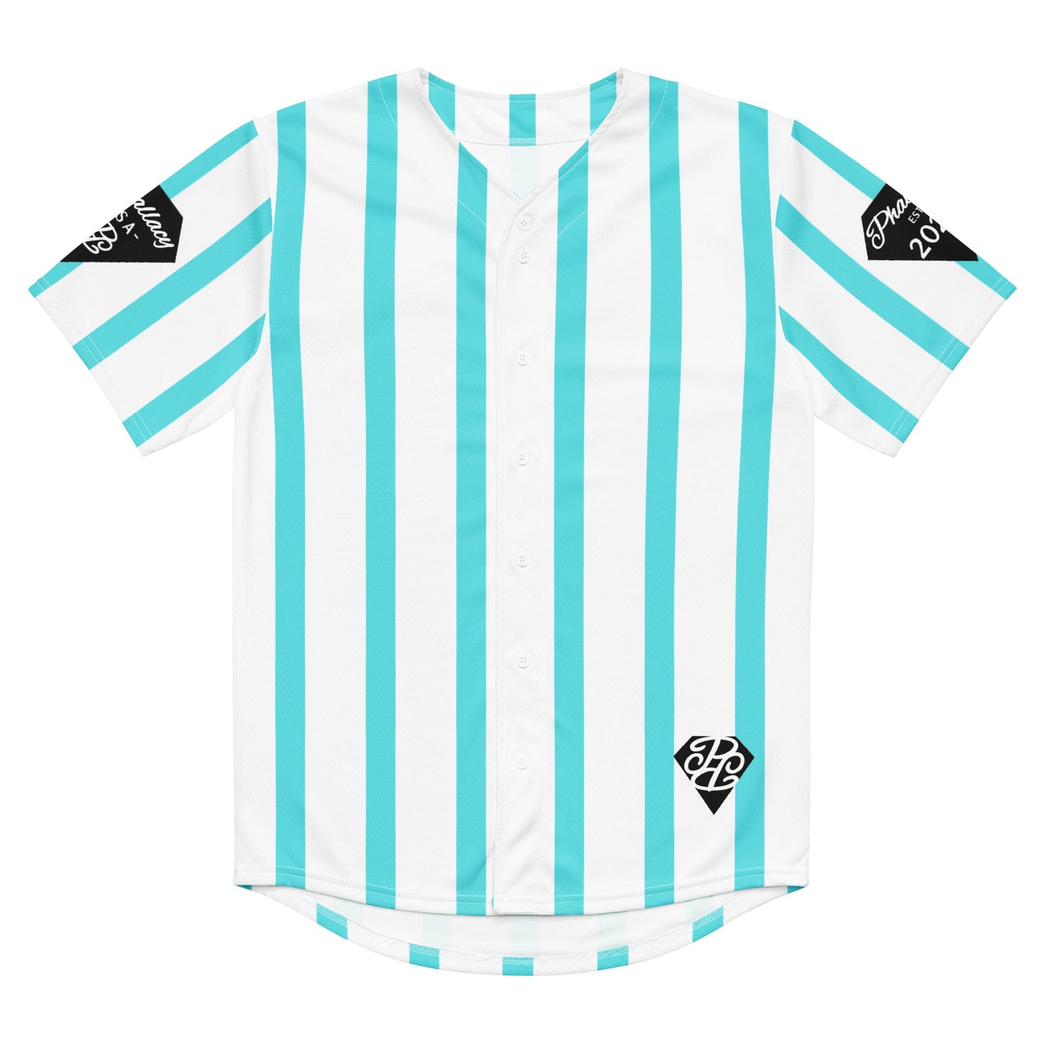 Striped designer activewear shirt with vertical turquoise and white stripes and black logo patches on sleeves and front