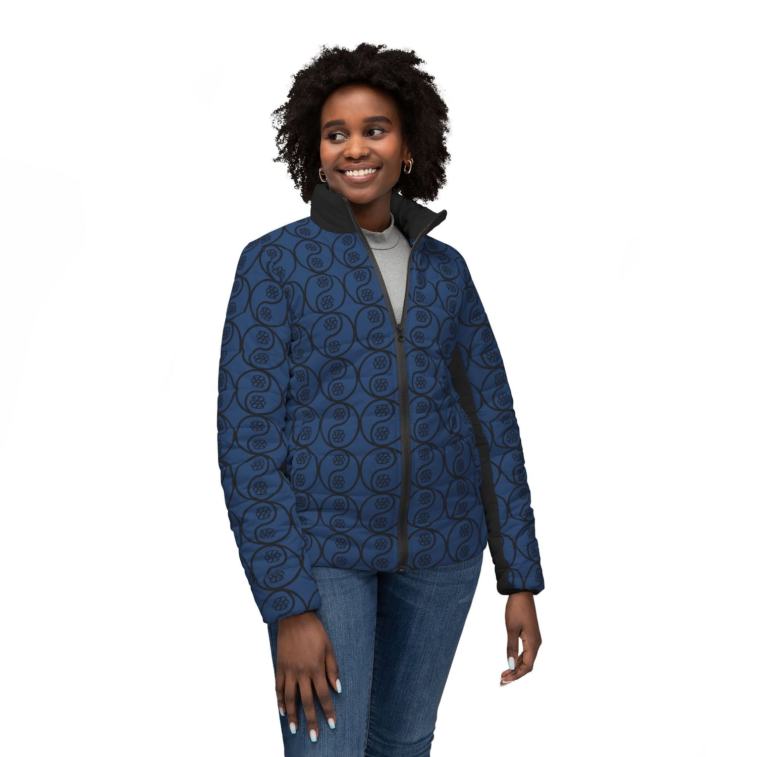 Stylish model wearing a designer women's jackets with a unique pattern and comfortable fit