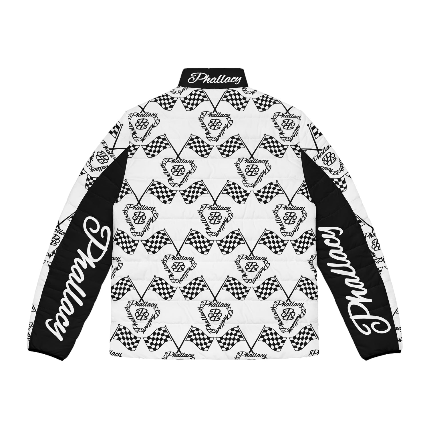 Stylish high-fashion checkered flag clothing jacket featuring a distinctive pattern and bold branding