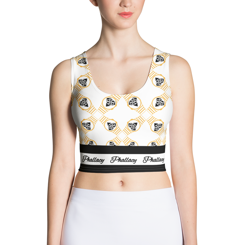Model wearing designer womens activewear white and gold patterned sports bra with black band
