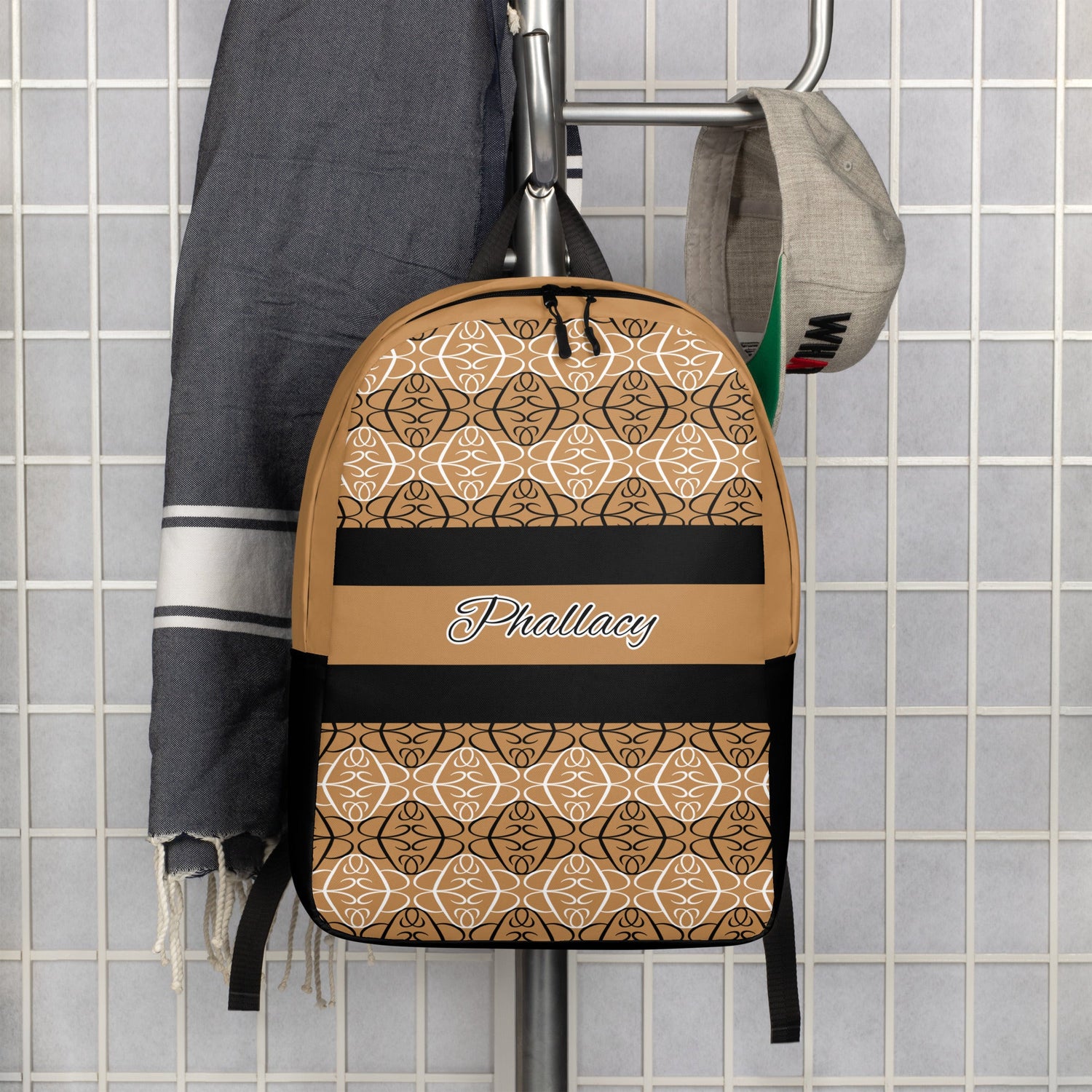 Stylish backpacks by Phallacy displayed on a rack with clothing accessories for modern fashion
