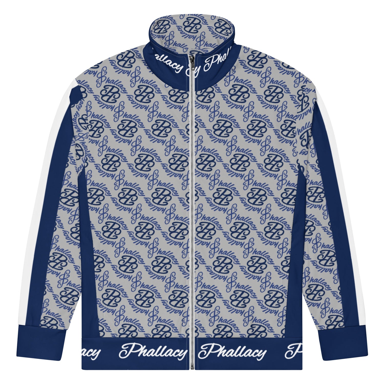 Stylish designer men's jackets featuring a bold black and white floral pattern with a light blue contrasting collar