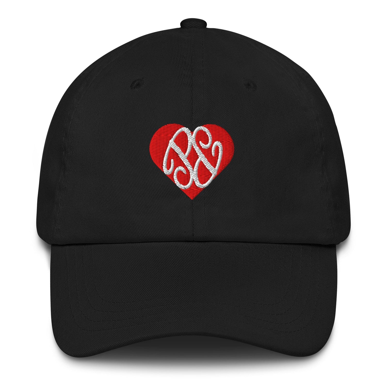 Stylish black cap featuring a red heart design, perfect as a statement accessory hats
