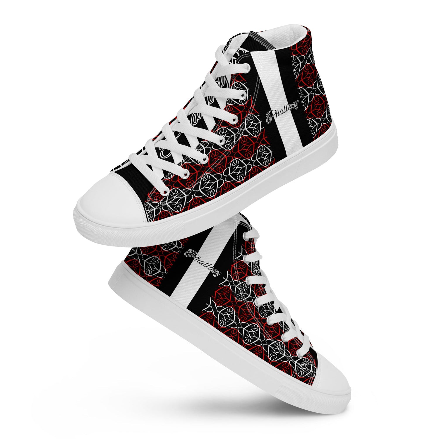 Trendy high-fashion men's shoes featuring a stylish black and red design with unique patterns