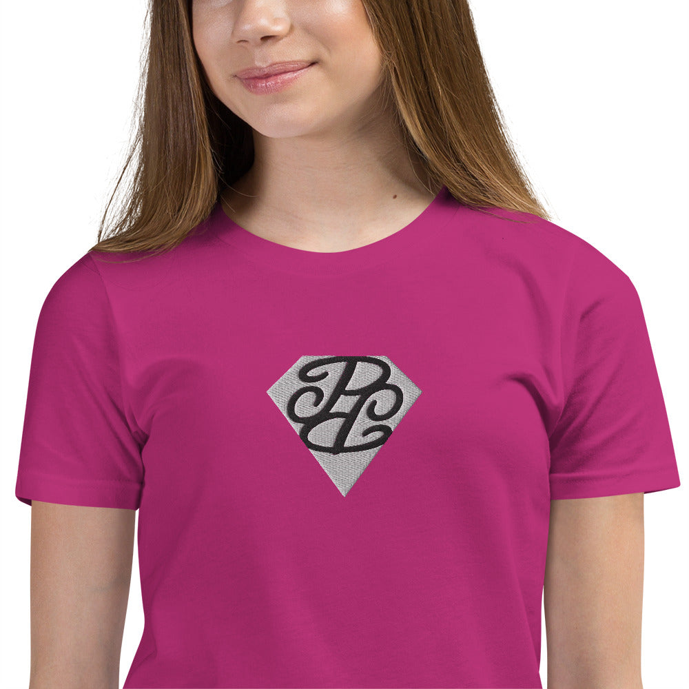 Stylish girls activewear 5-13 featuring a pink t-shirt with a unique diamond logo design