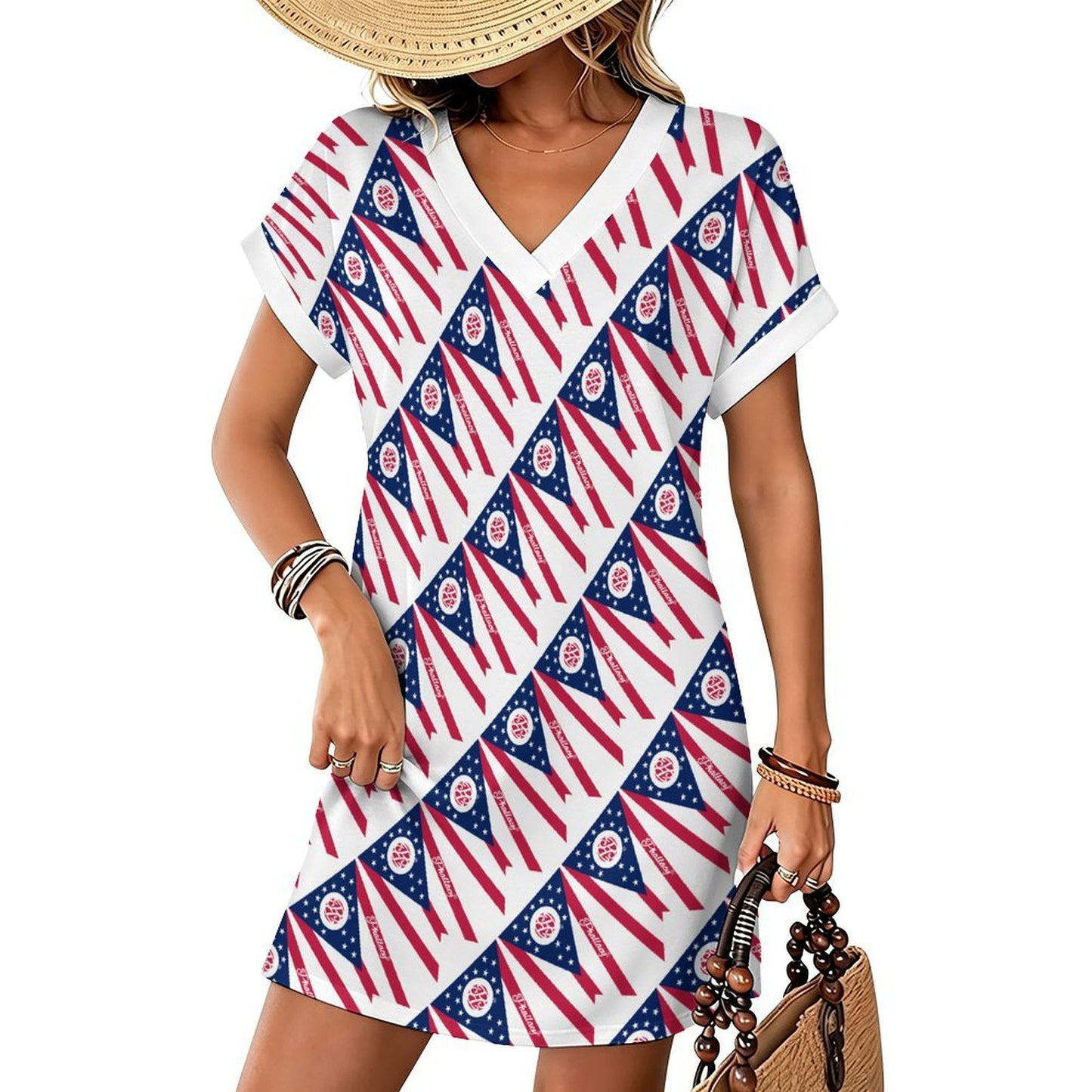 Phallacy Flag Designer V-Neck Dress with Rolled Cuffs