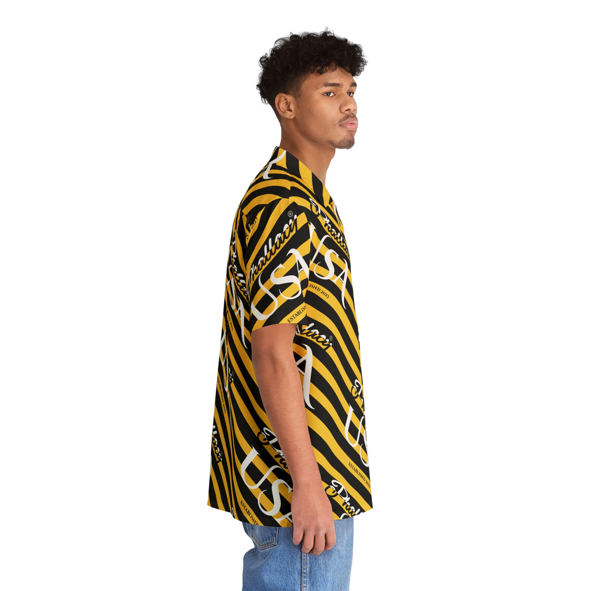Phallacy USA Signature Men's Designer Hawaiian Shirt — Black and Yellow Striped Shirt