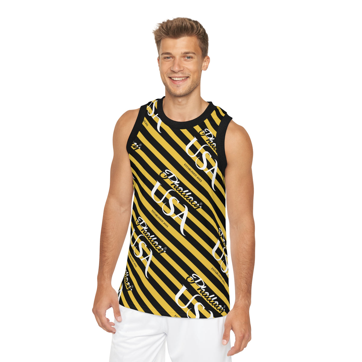 Phallacy USA Signature Men's Designer Basketball Jersey — Black and Yellow Striped Jersey
