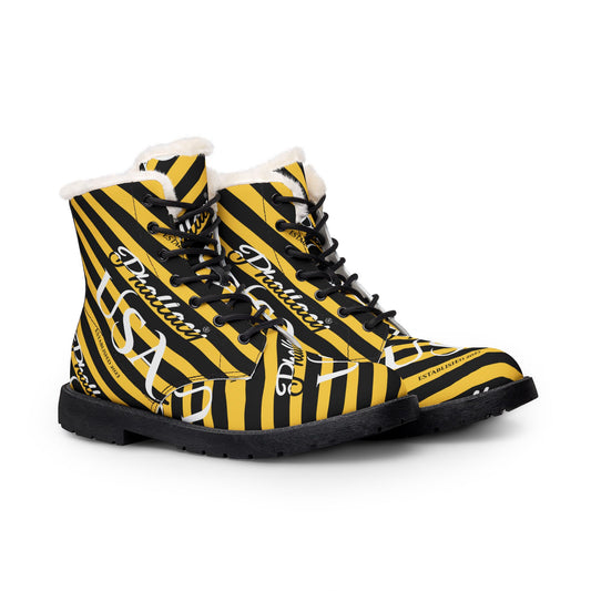Phallacy USA Signature Men's Designer Fur-Lined Leather Boots — Black and Yellow Striped Boots