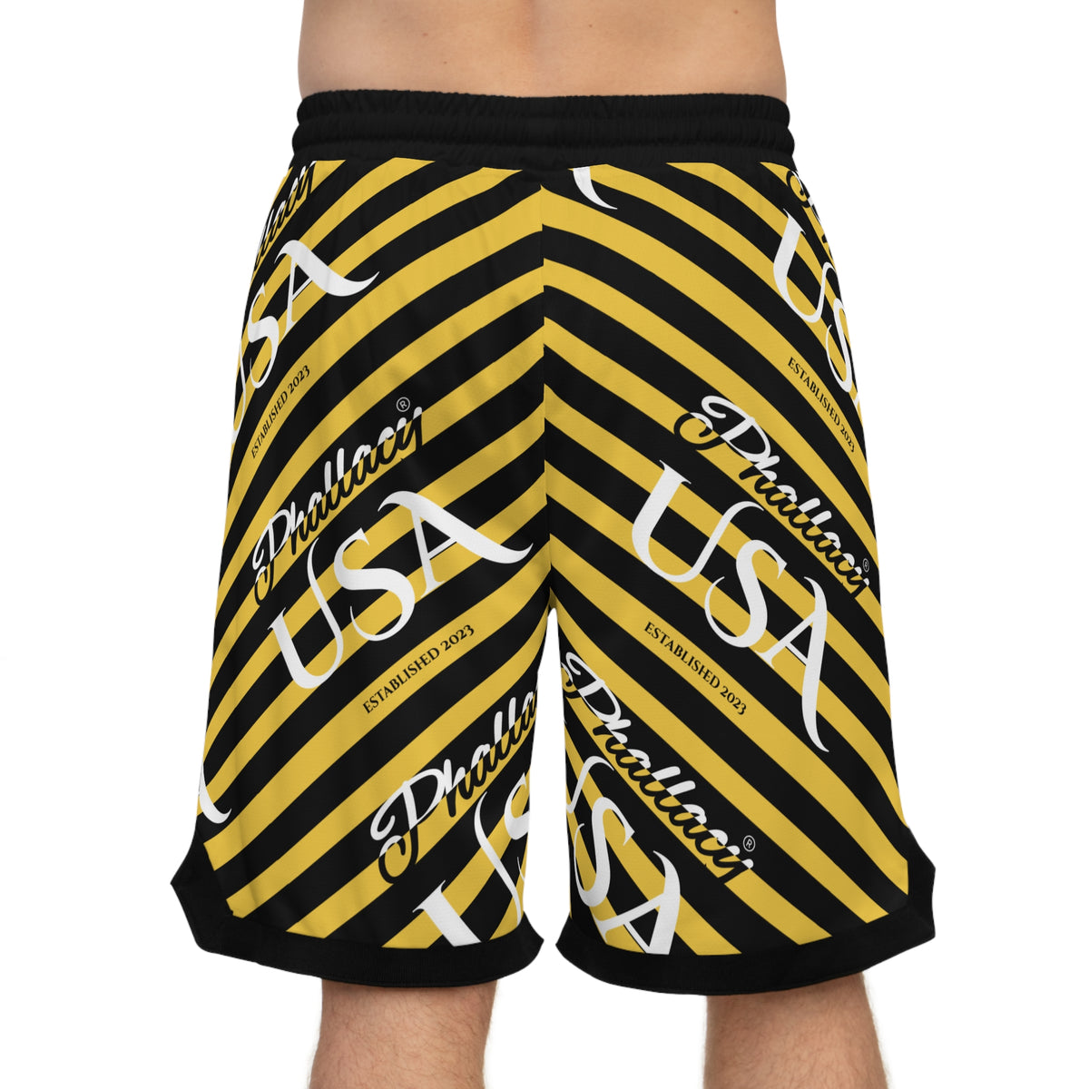 Phallacy USA Signature Men's Designer Basketball Shorts — Black and Yellow Striped Shorts