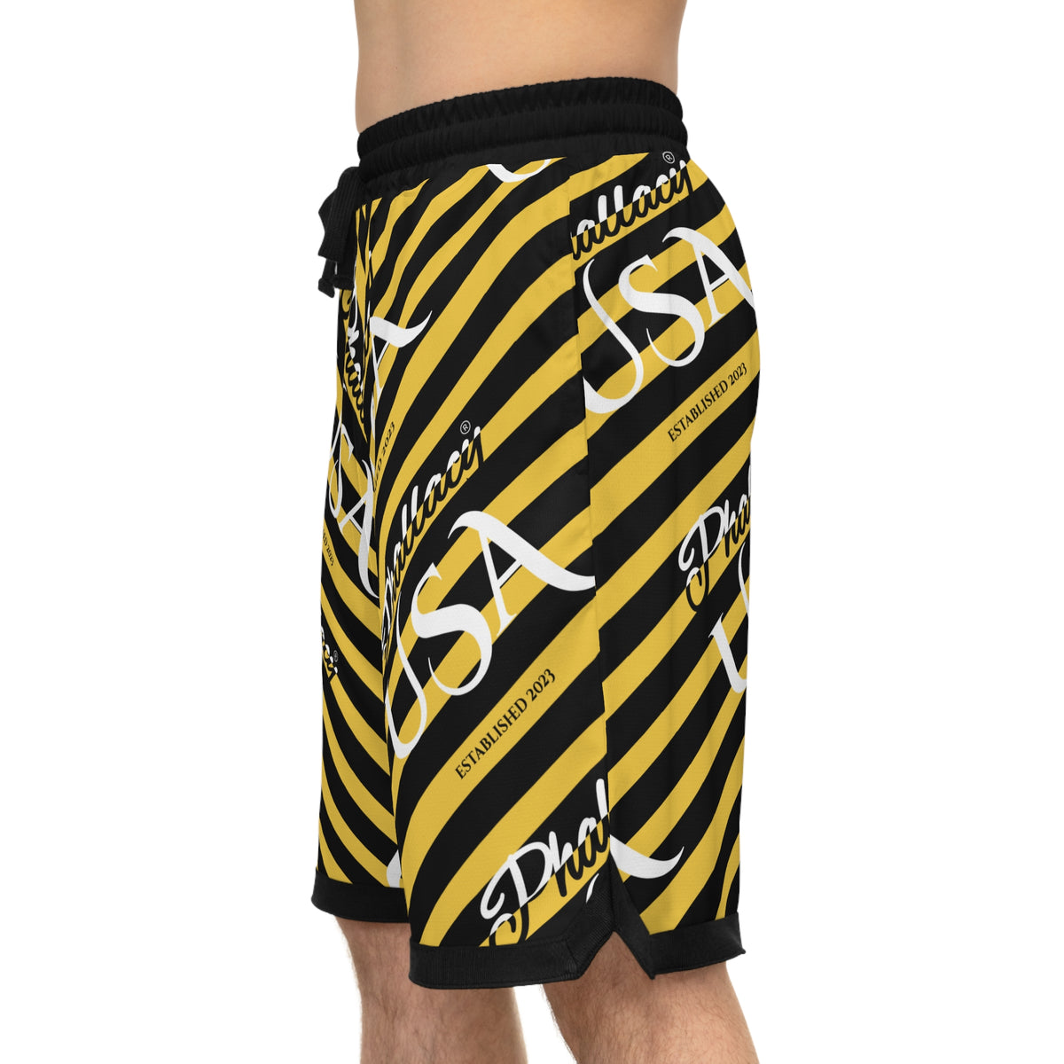 Phallacy USA Signature Men's Designer Basketball Shorts — Black and Yellow Striped Shorts