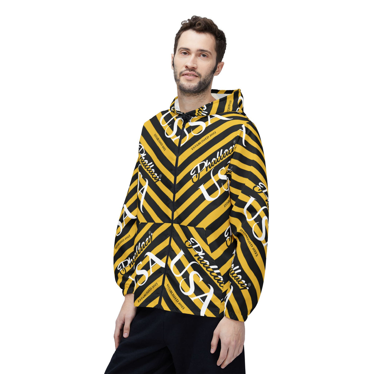 Phallacy USA Signature Designer Unisex Windbreaker Jacket — Black and Yellow Striped Windbreaker