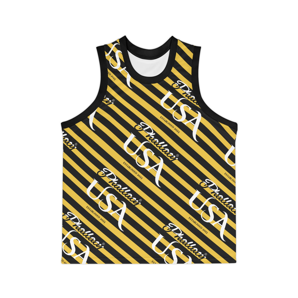 Phallacy USA Signature Men's Designer Basketball Jersey — Black and Yellow Striped Jersey