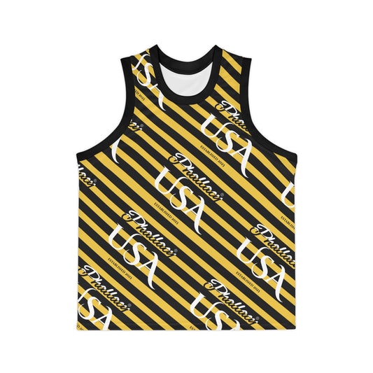 Phallacy USA Signature Men's Designer Basketball Jersey — Black and Yellow Striped Jersey