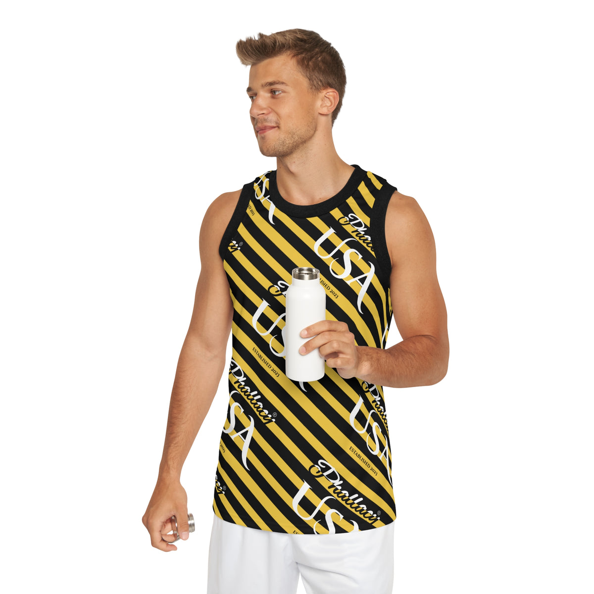 Phallacy USA Signature Men's Designer Basketball Jersey — Black and Yellow Striped Jersey