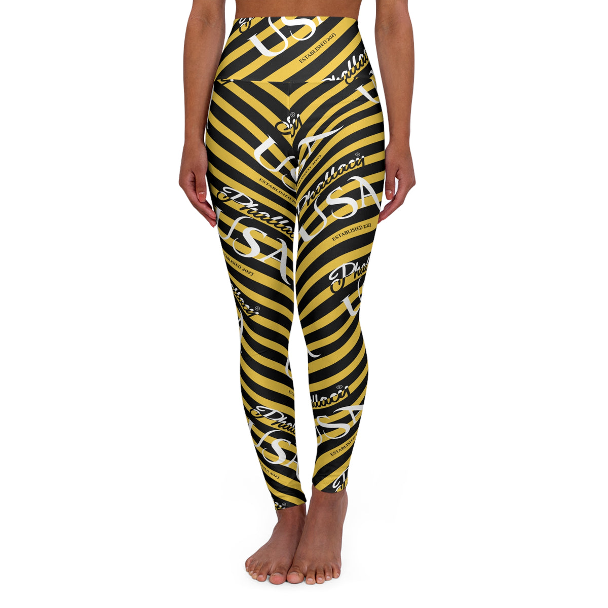 Phallacy USA Signature Designer High-Waisted Yoga Leggings —  Black and Yellow Striped Leggings