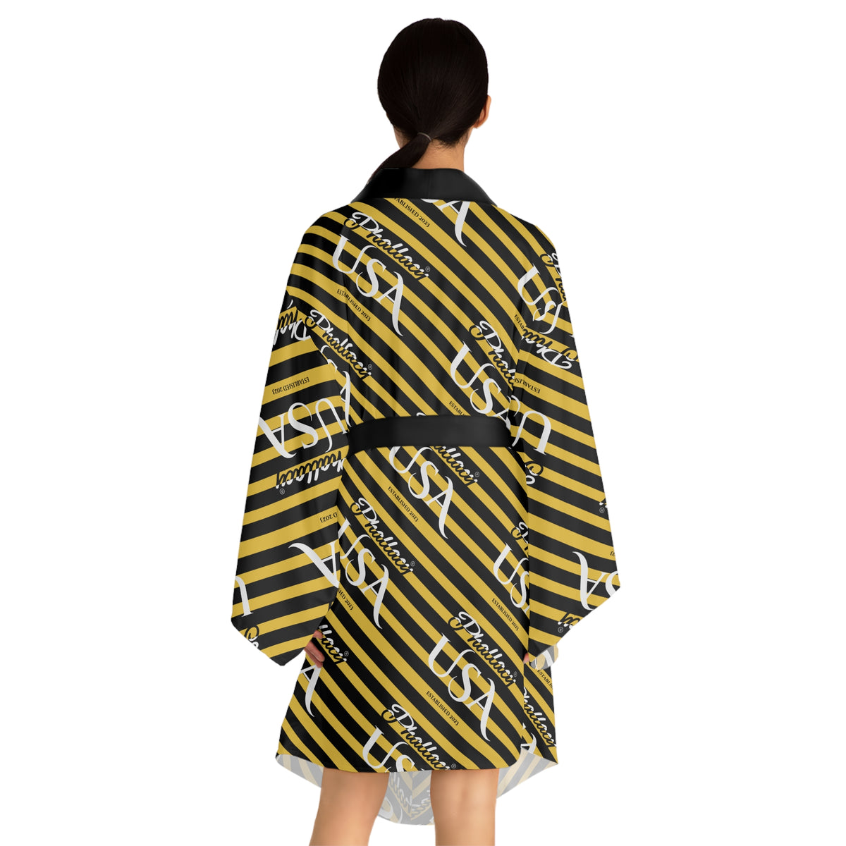 Phallacy USA Signature Women's Designer Kimono Robe — Black and Yellow Striped Robe