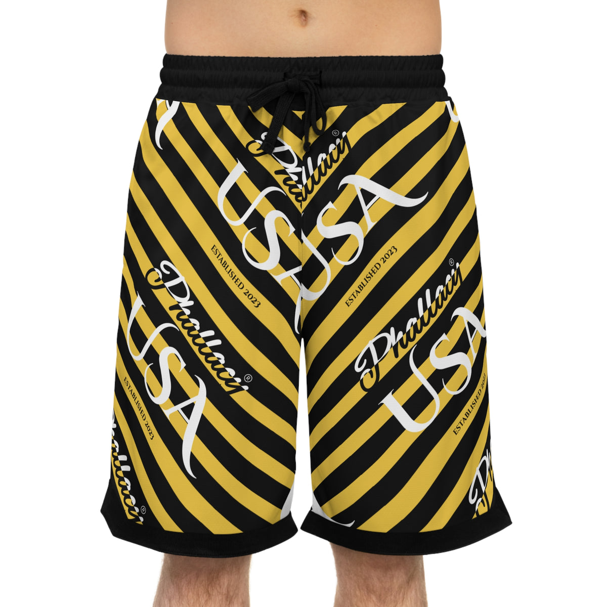 Phallacy USA Signature Men's Designer Basketball Shorts — Black and Yellow Striped Shorts