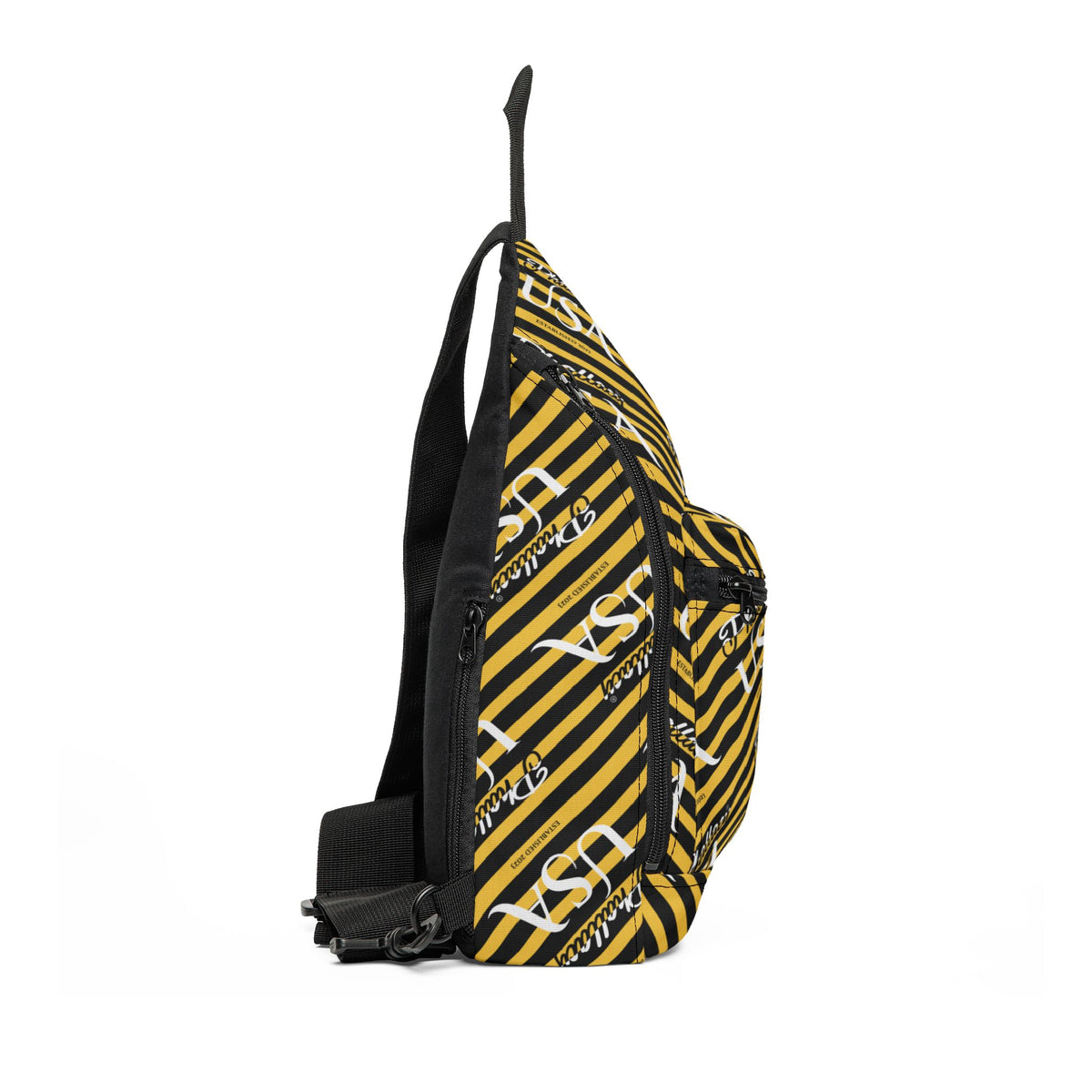 Phallacy USA Signature Designer Unisex Sling Bag — Black & Yellow Striped Crossbody Pack