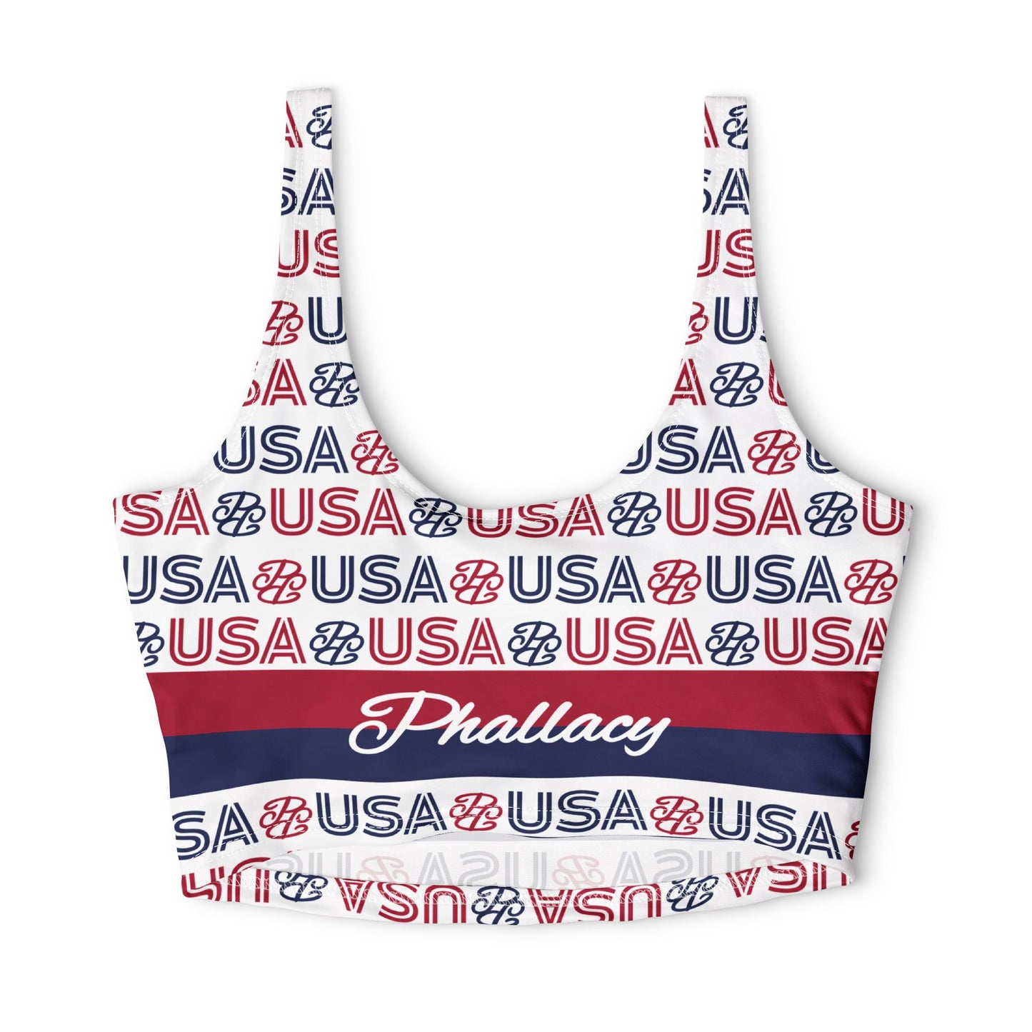 Phallacy USA Designer Sports Bra — Patriotic Red White & Blue Workout Top