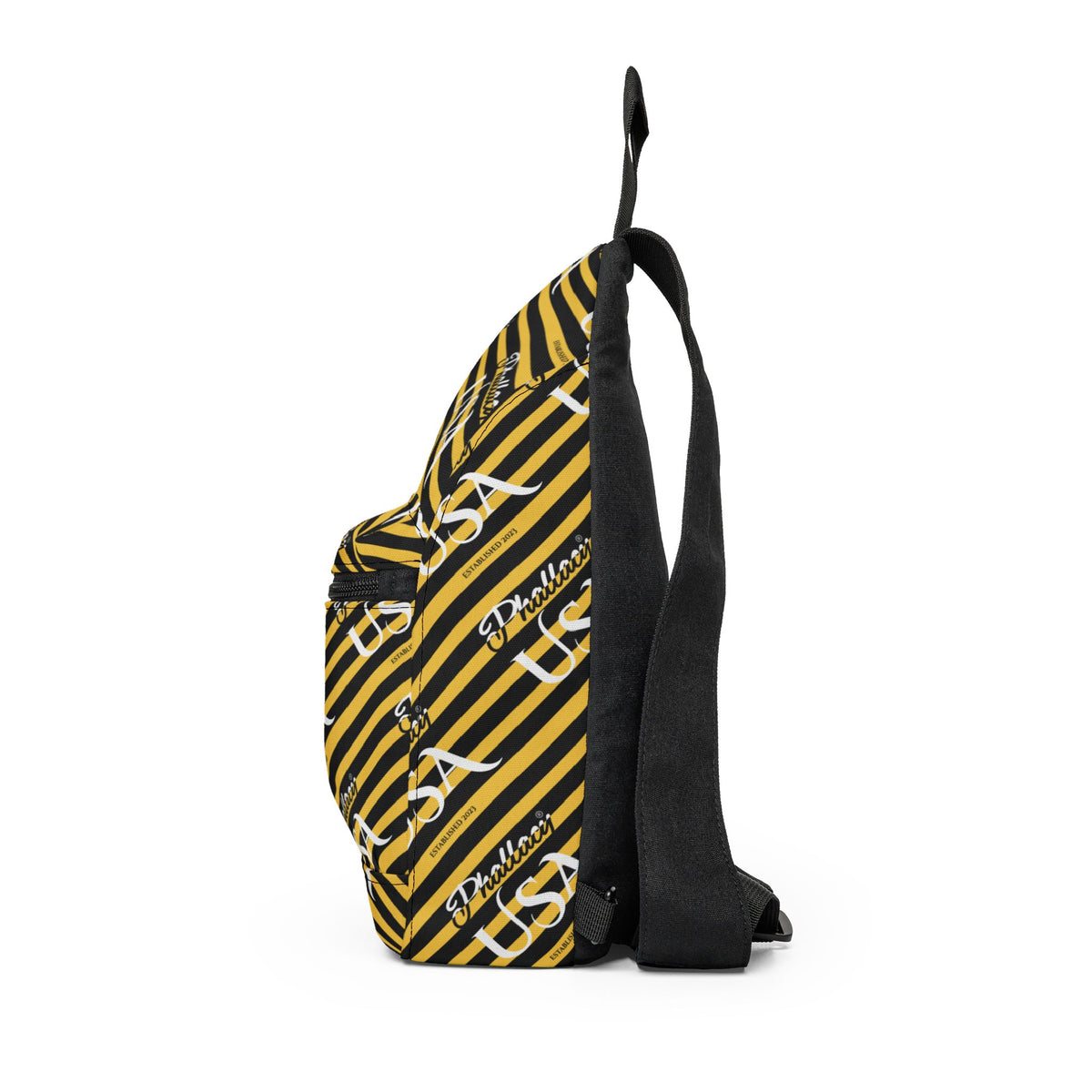 Phallacy USA Signature Designer Unisex Sling Bag — Black & Yellow Striped Crossbody Pack